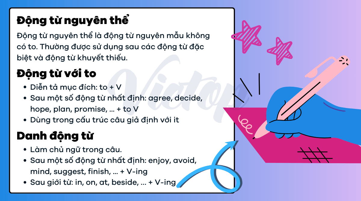 Động từ nguyên thể, động từ với to và danh động từ